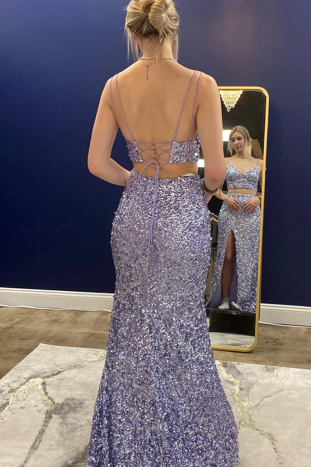 dressimeTwo Piece Spaghetti Straps Sequins Mermaid Prom Dresses with Slit