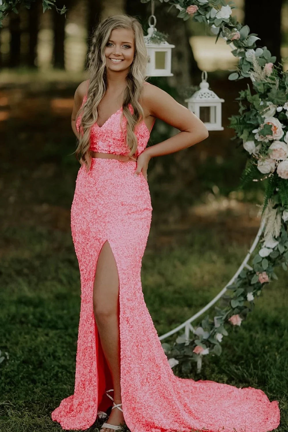 dressimeTwo Piece Spaghetti Straps Sequins Mermaid Prom Dresses with Slit