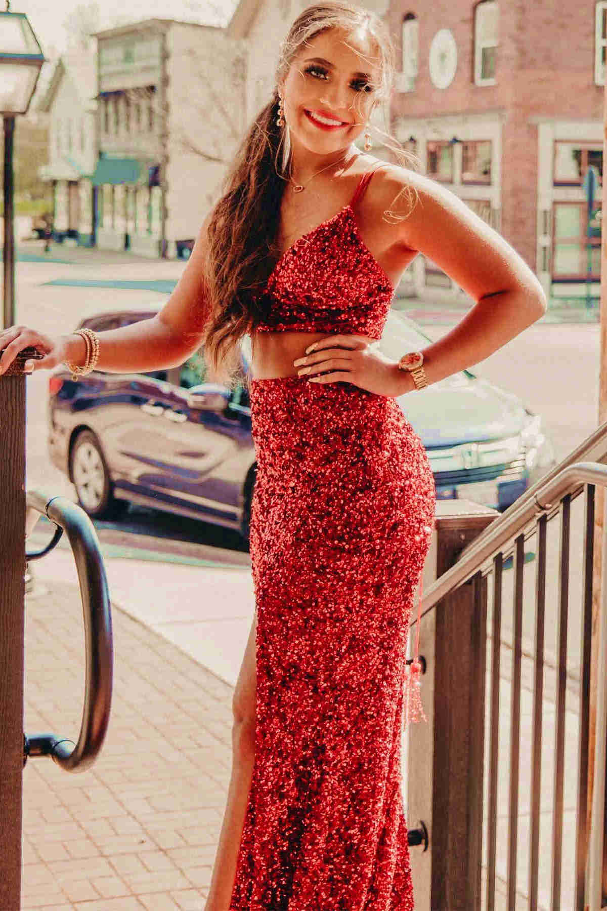 dressimeTwo Piece Spaghetti Straps Sequins Mermaid Prom Dresses with Slit