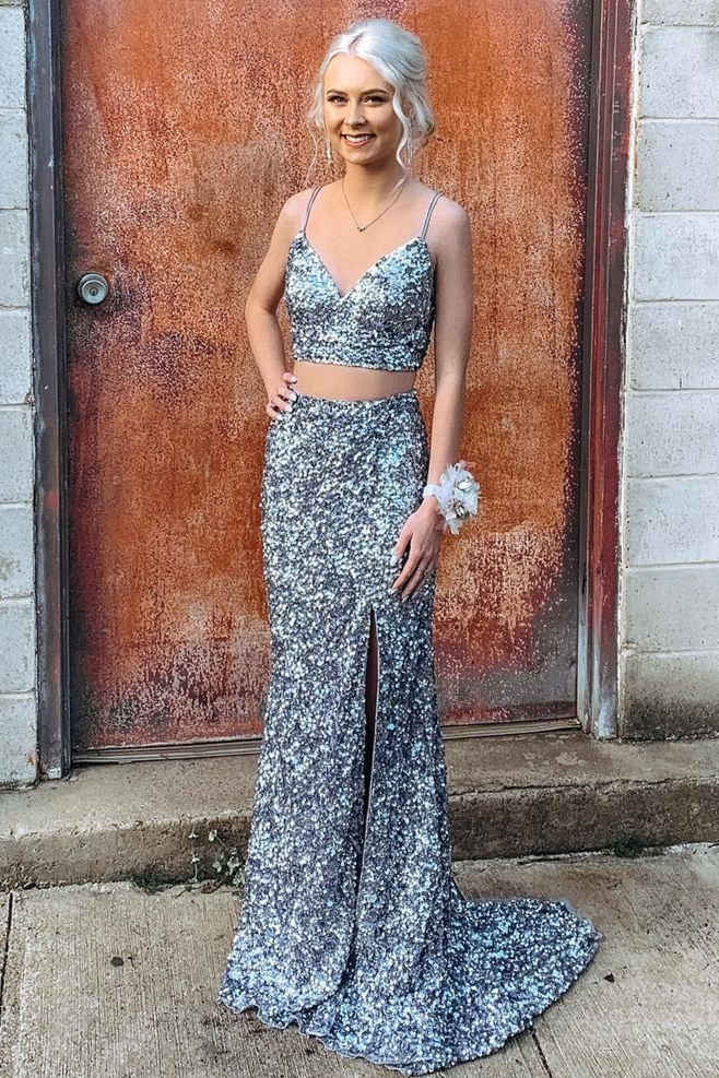dressimeTwo Piece Spaghetti Straps Sequins Mermaid Prom Dresses with Slit