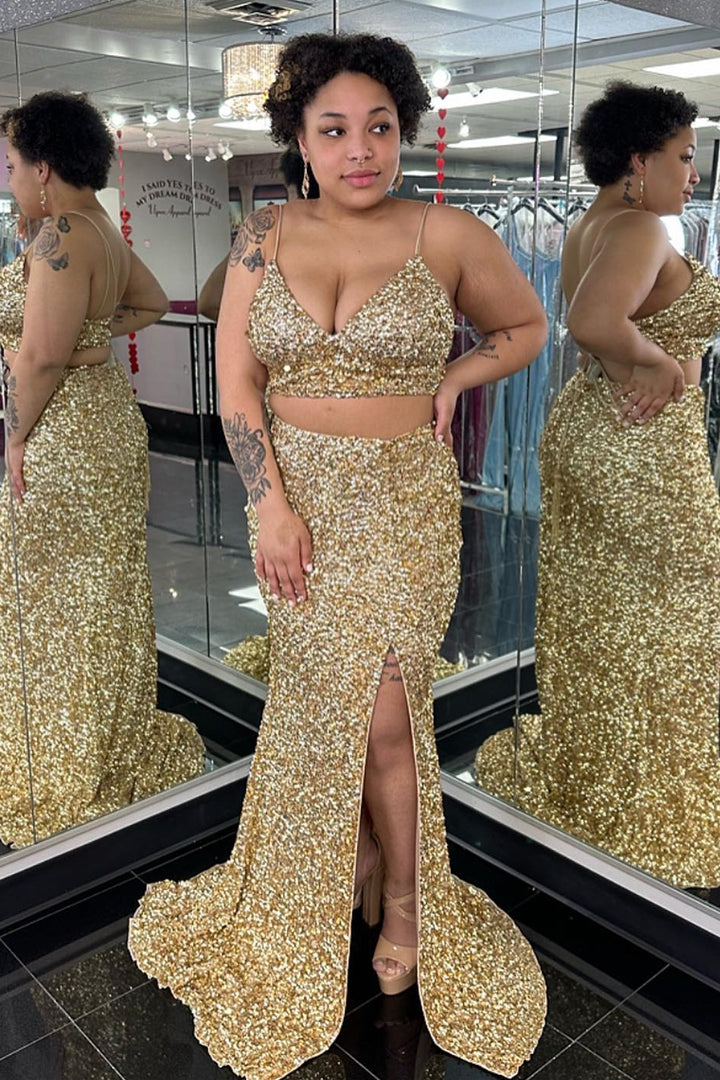 dressimeTwo Piece Spaghetti Straps Sequins Mermaid Prom Dresses with Slit