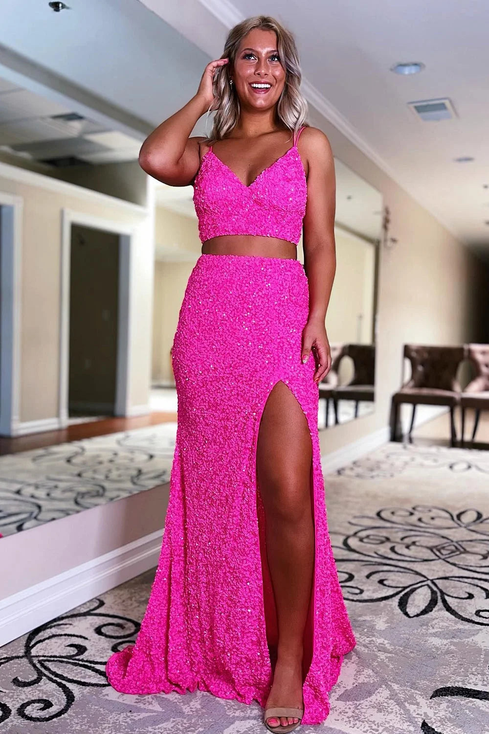 dressimeTwo Piece Spaghetti Straps Sequins Mermaid Prom Dresses with Slit