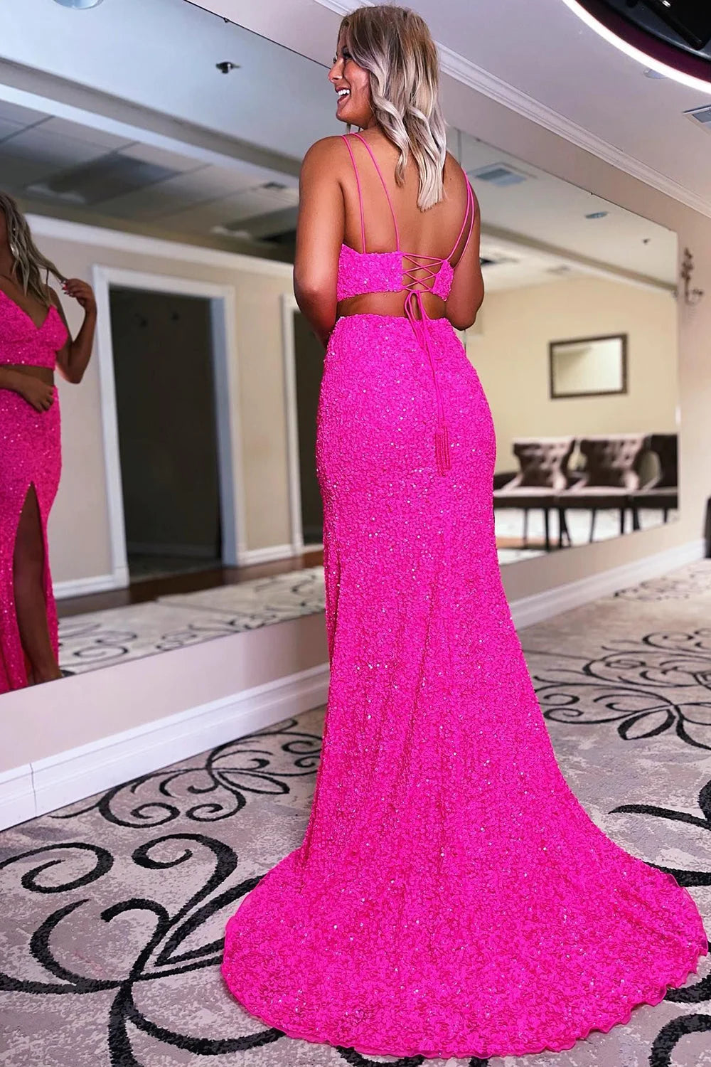 dressimeTwo Piece Spaghetti Straps Sequins Mermaid Prom Dresses with Slit