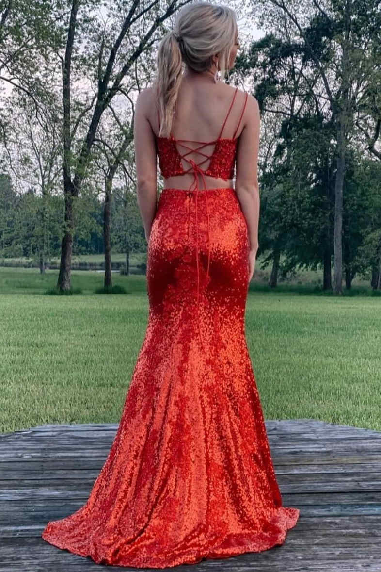 dressimeTwo Piece Spaghetti Straps Sequins Mermaid Prom Dresses with Slit