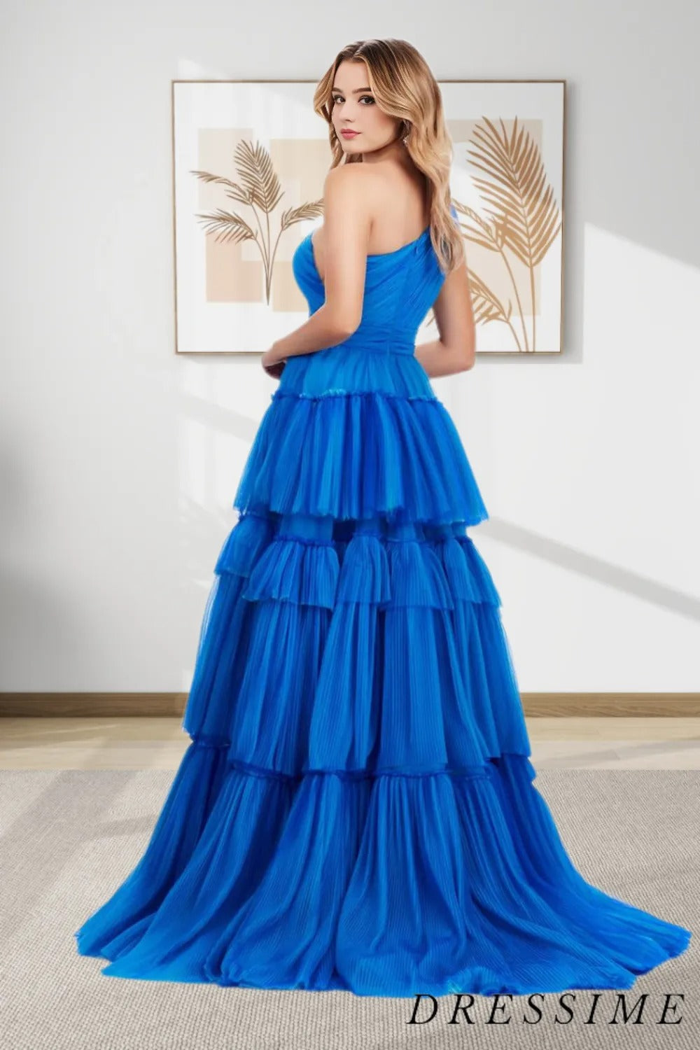 Dressime Unique A Line One Shoulder Tulle Tiered Long Prom Dress With Slit dressime