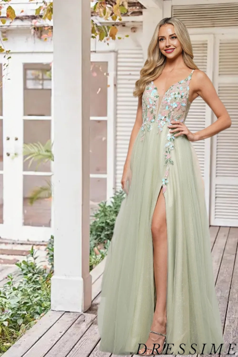 Dressime Unique A Line V Neck Tulle Slit Long Prom Dress With Sequin A dressime Dressime Unique A Line V Neck Tulle Slit Long Prom Dress With Sequin A dressime