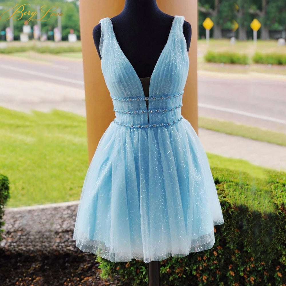 dressimeV Neck A Line Homecoming Dresses Tulle With Beading Short/Mini