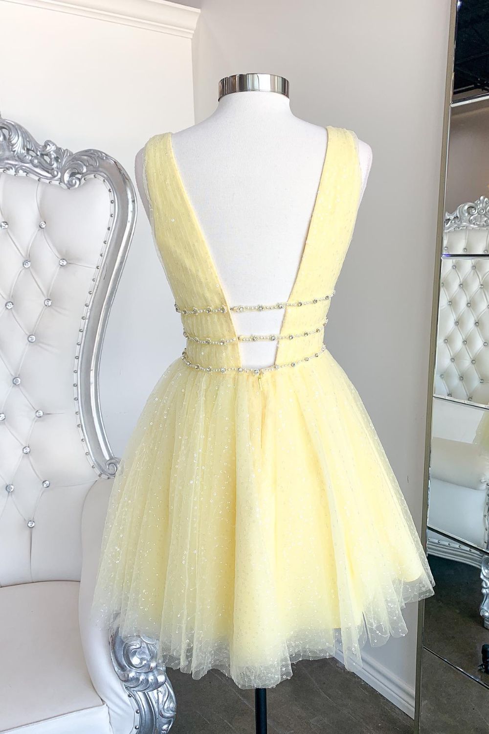 Dressime V Neck A Line Homecoming Dresses Tulle With Beading Short/Mini dressime