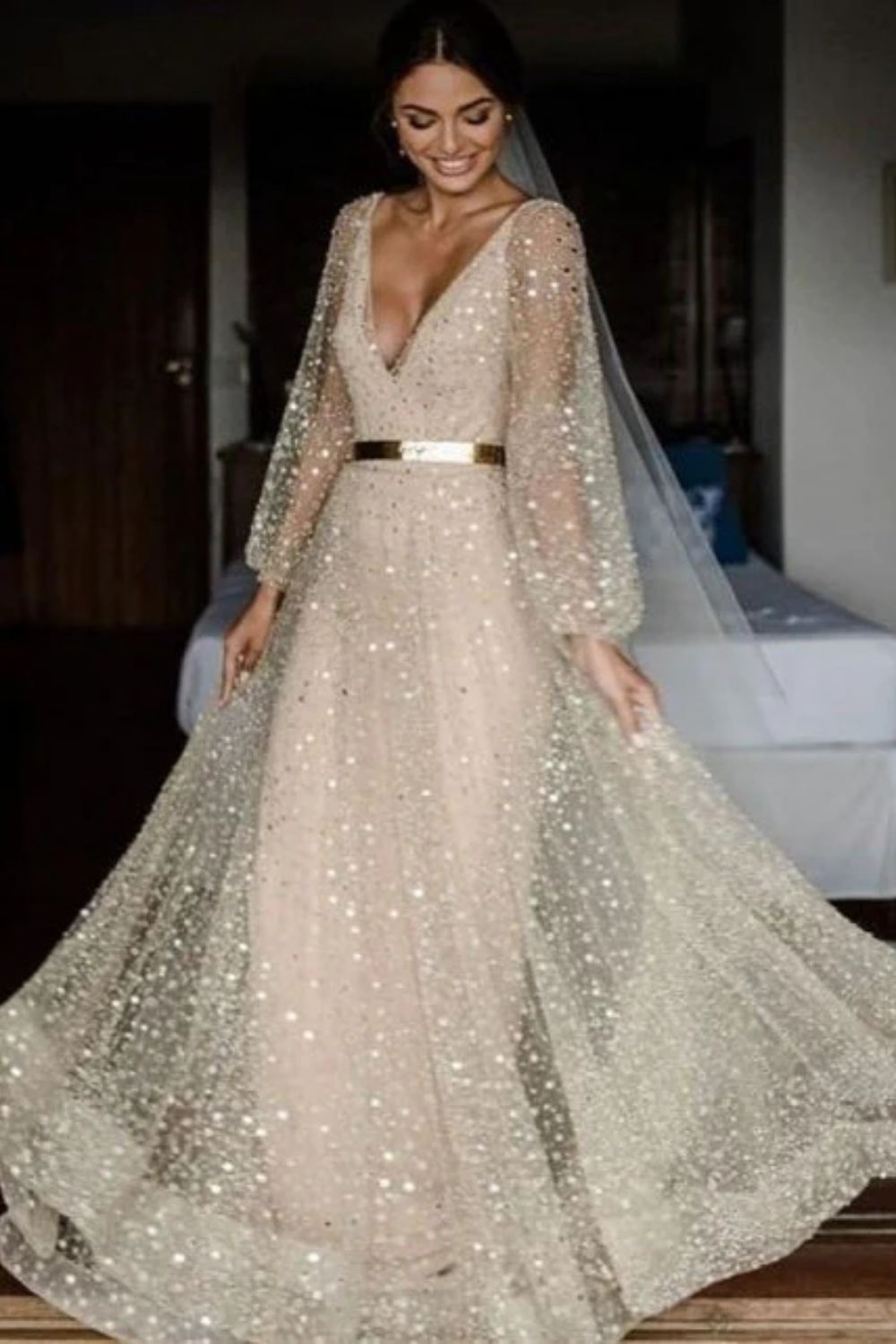 Dressime V Neck Beading Gold Long Sleeve Wedding Dress dressime Dressime V Neck Beading Gold Long Sleeve Wedding Dress dressime