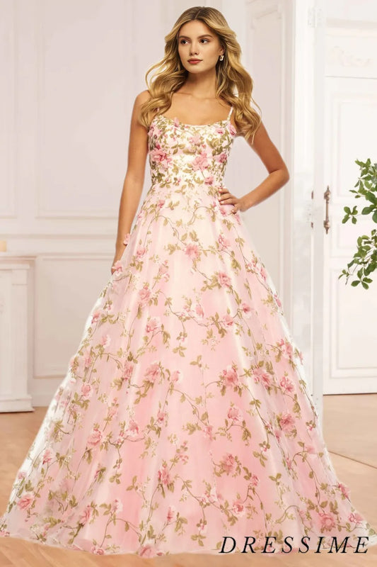 Dressime Vintage A Line Spaghetti Straps Floral Prom Dress dressime