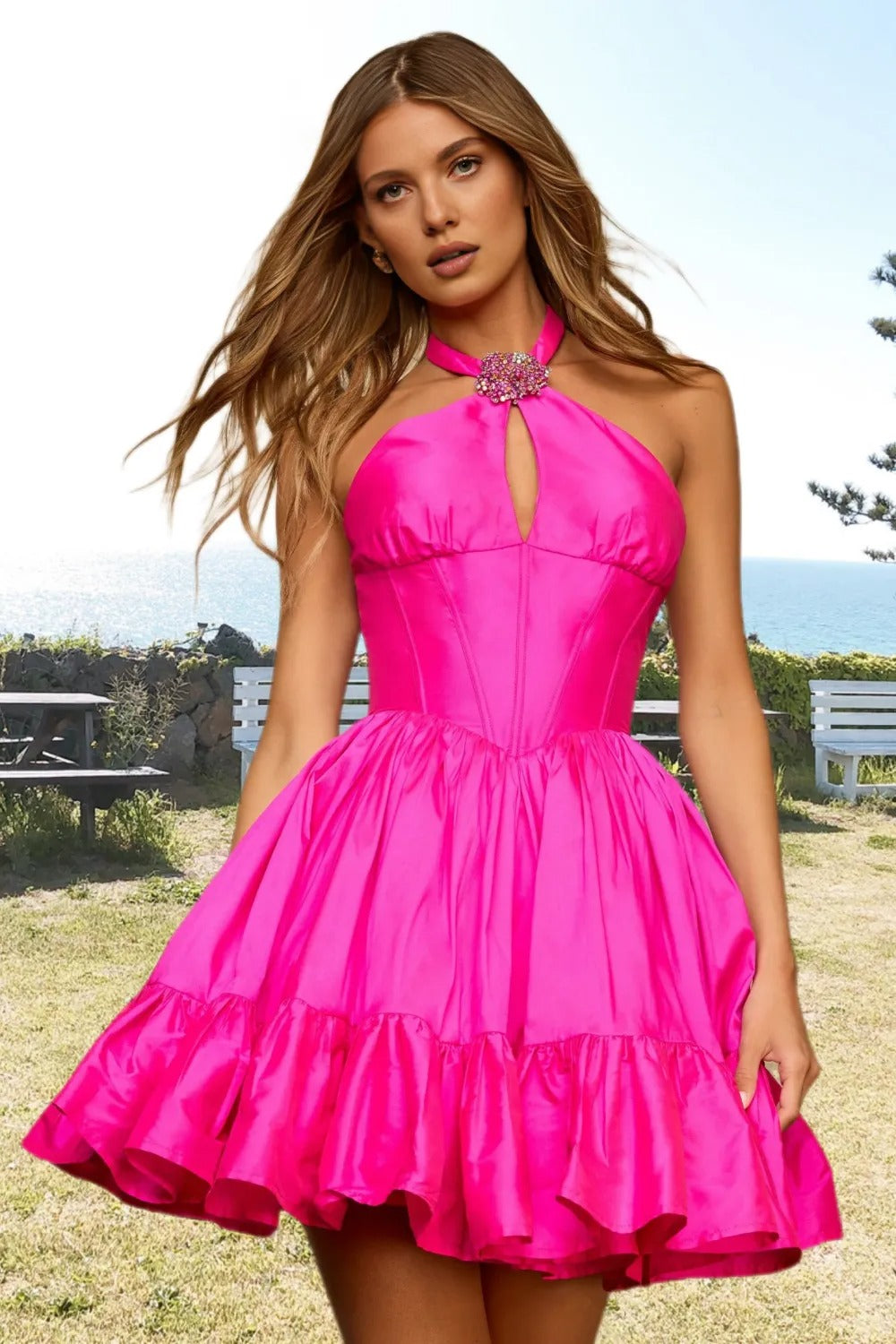 Dressime A Line Halter Keyhole Corset Bodice Mini Homecoming Dress