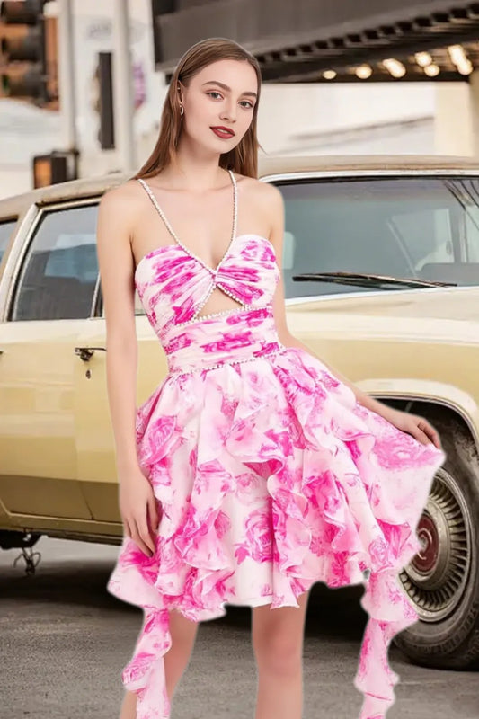 Dressime A Line Halter Neck Pearls Printed Tiered Ruffled Mini Homecoming Dress