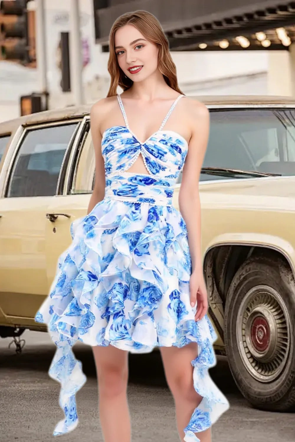 Dressime A Line Halter Neck Pearls Printed Tiered Ruffled Mini Homecoming Dress