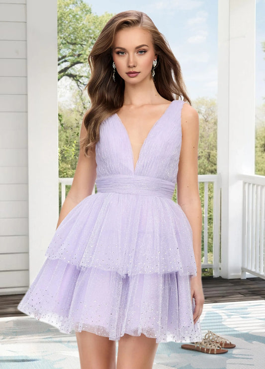 Dressime A Line Illusion V Neck Tulle Tiered Mini Homecoming Dress