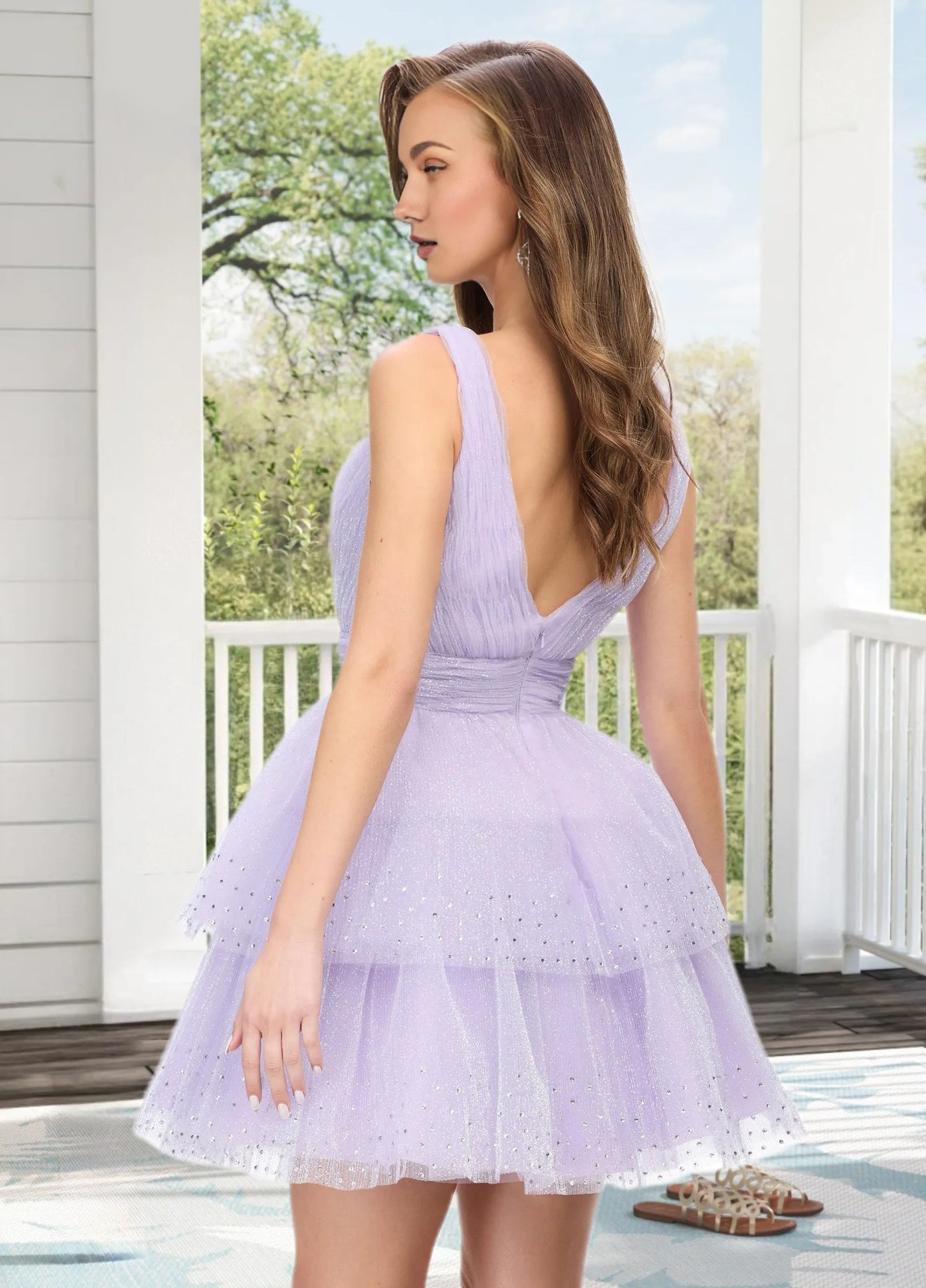 Dressime A Line Illusion V Neck Tulle Tiered Mini Homecoming Dress