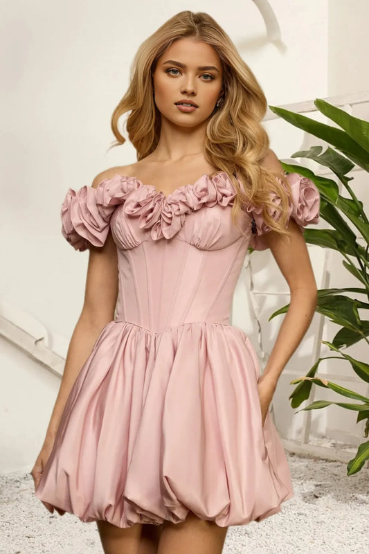 Dressime A Line Off The Shoulder 3D Flower Corset Bodice Bubble Mini Homecoming Dress
