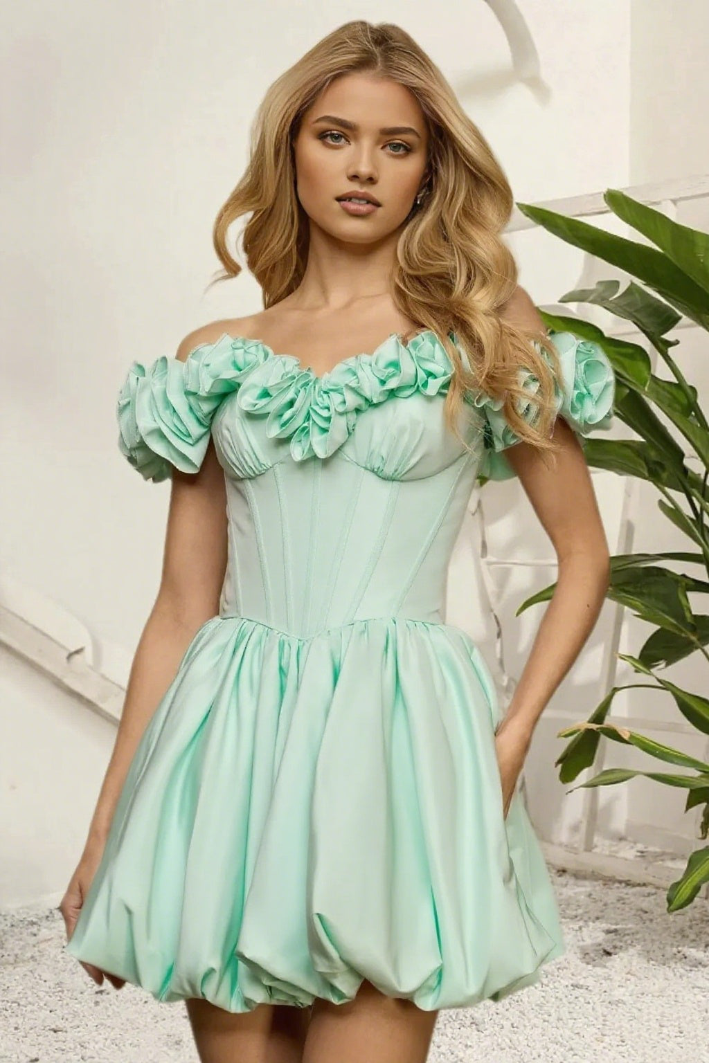 Dressime A Line Off The Shoulder 3D Flower Corset Bodice Bubble Mini Homecoming Dress