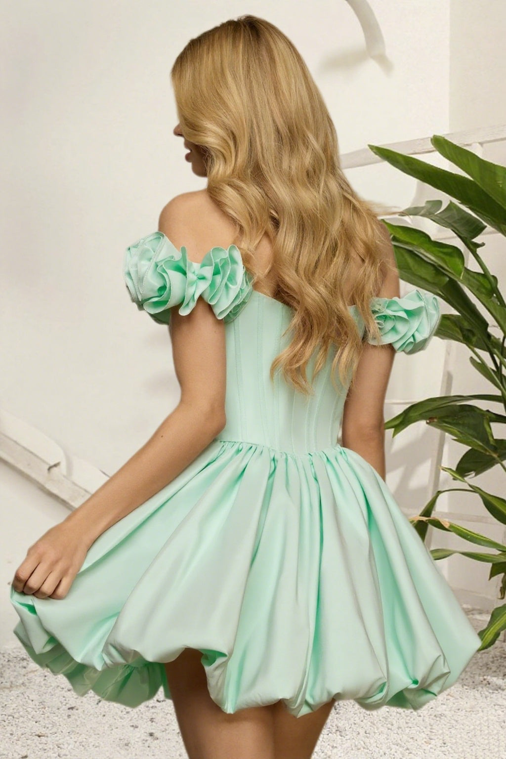 Dressime A Line Off The Shoulder 3D Flower Corset Bodice Bubble Mini Homecoming Dress
