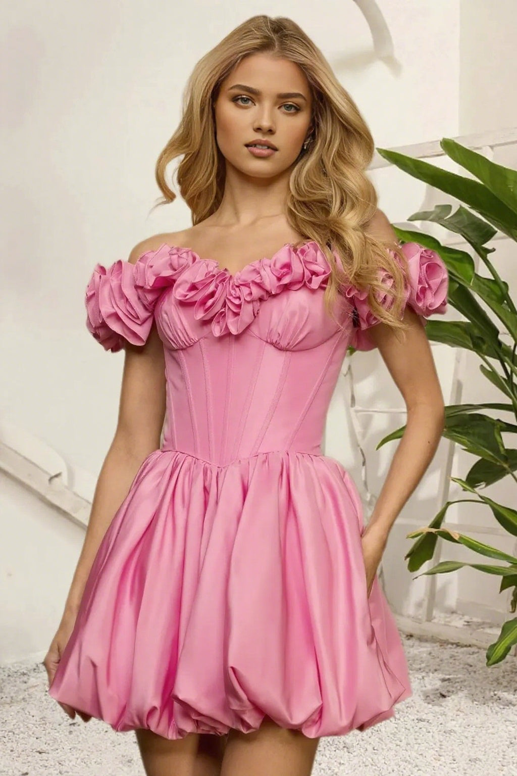 Dressime A Line Off The Shoulder 3D Flower Corset Bodice Bubble Mini Homecoming Dress