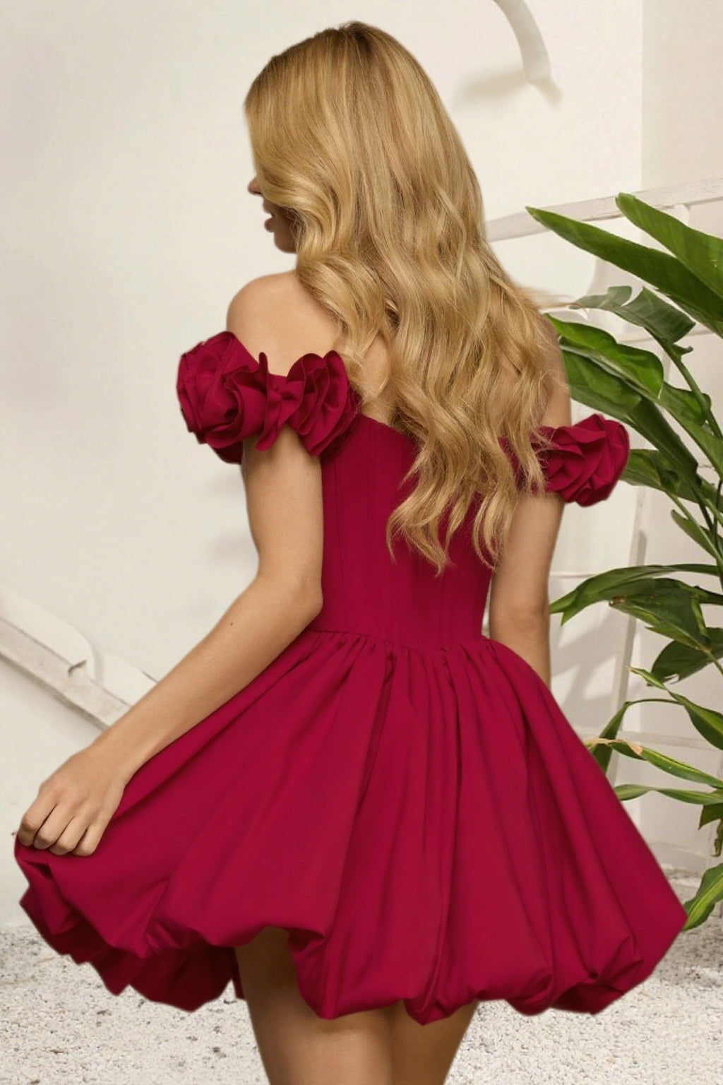 Dressime A Line Off The Shoulder 3D Flower Corset Bodice Bubble Mini Homecoming Dress