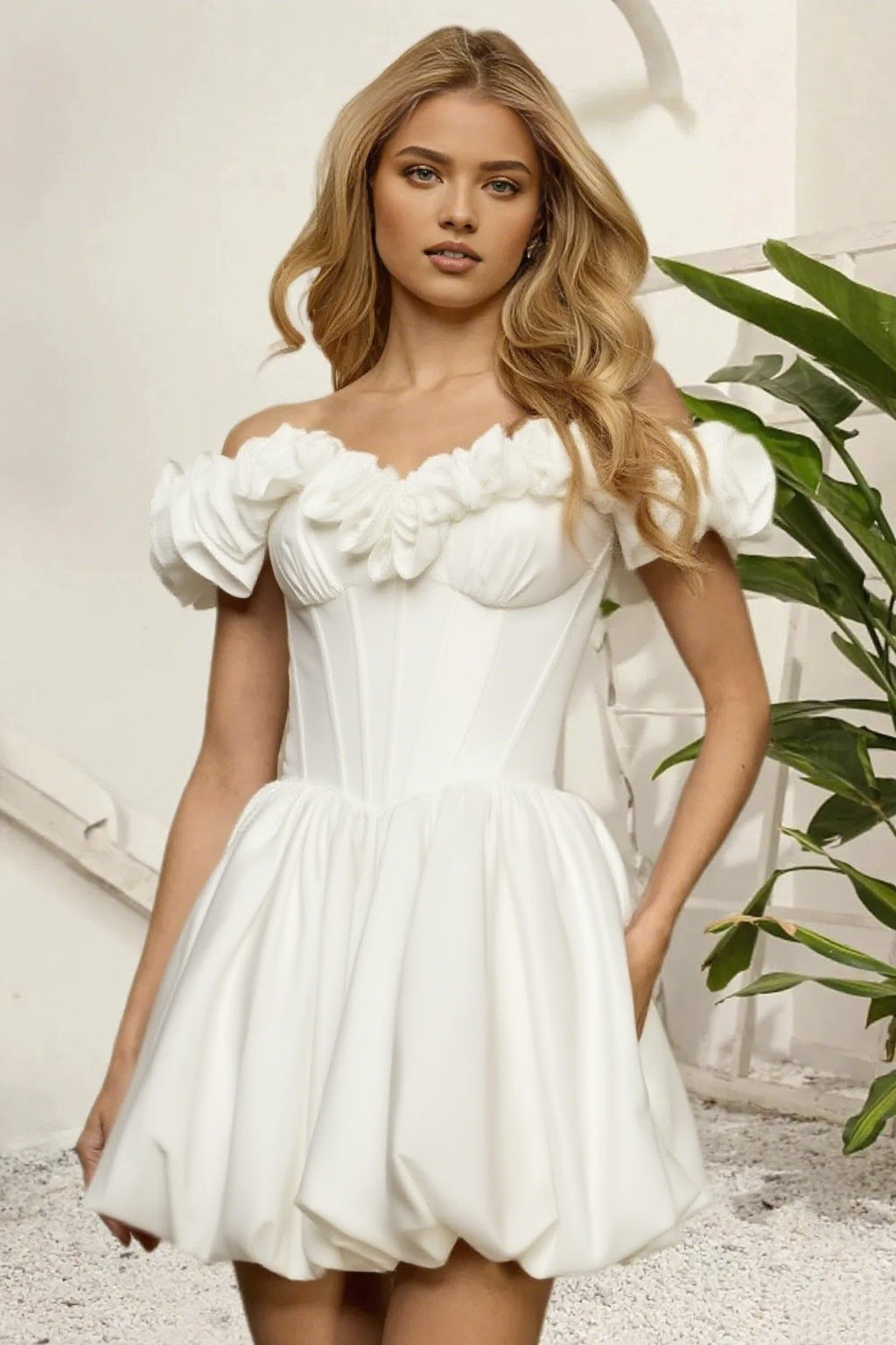 Dressime A Line Off The Shoulder 3D Flower Corset Bodice Bubble Mini Homecoming Dress