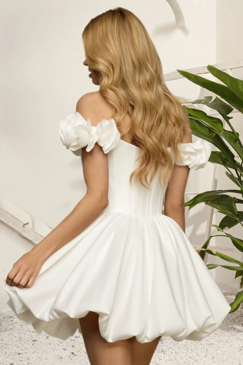 Dressime A Line Off The Shoulder 3D Flower Corset Bodice Bubble Mini Homecoming Dress