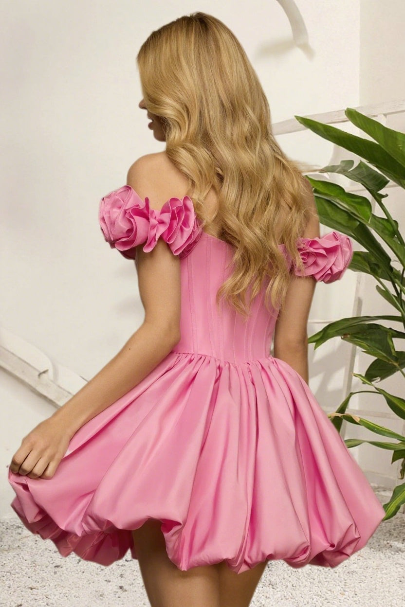 Dressime A Line Off The Shoulder 3D Flower Corset Bodice Bubble Mini Homecoming Dress