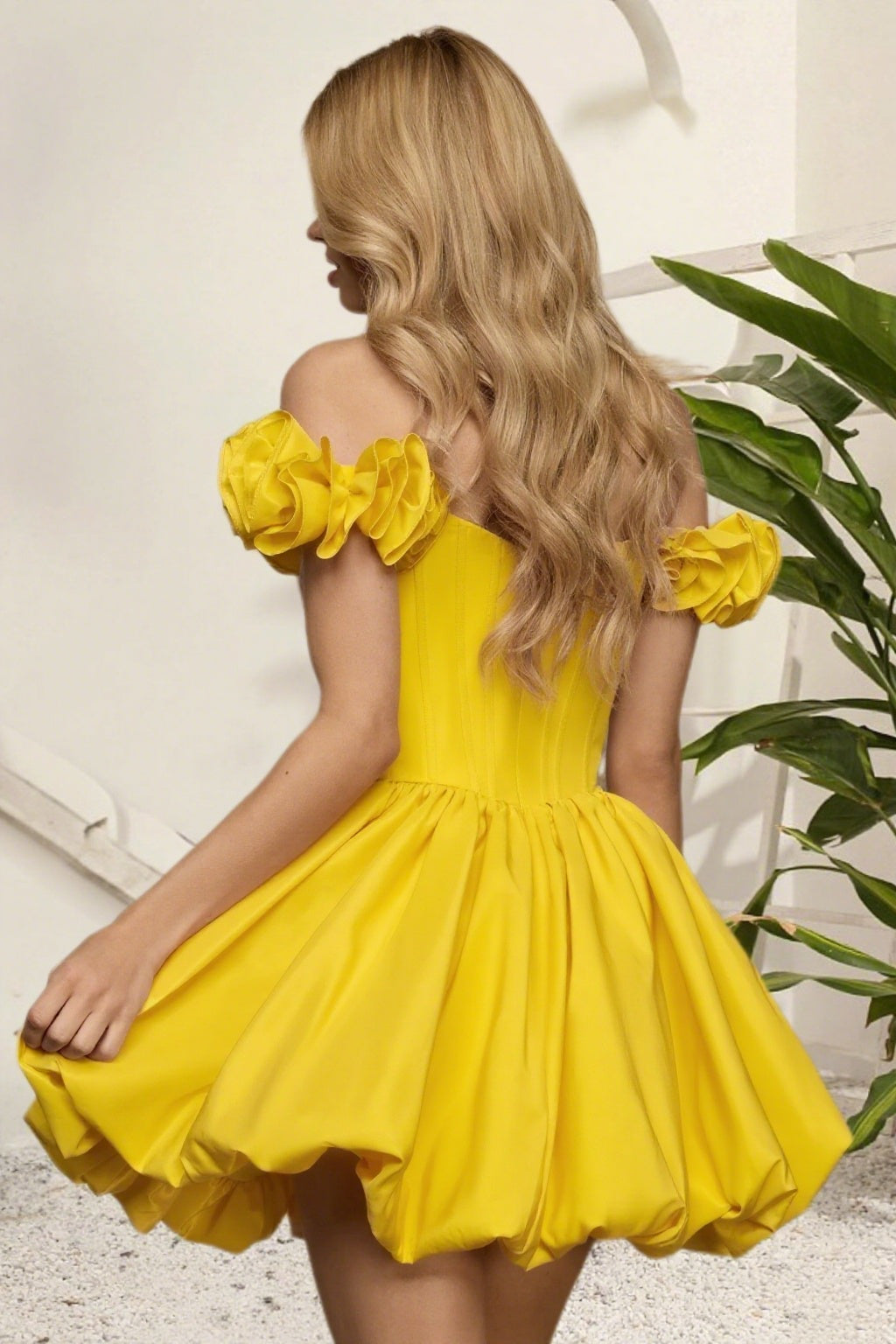 Dressime A Line Off The Shoulder 3D Flower Corset Bodice Bubble Mini Homecoming Dress