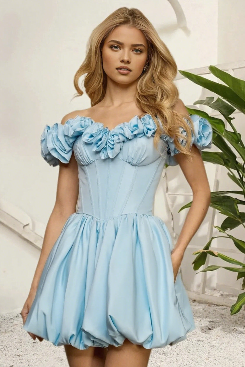 Dressime A Line Off The Shoulder 3D Flower Corset Bodice Bubble Mini Homecoming Dress