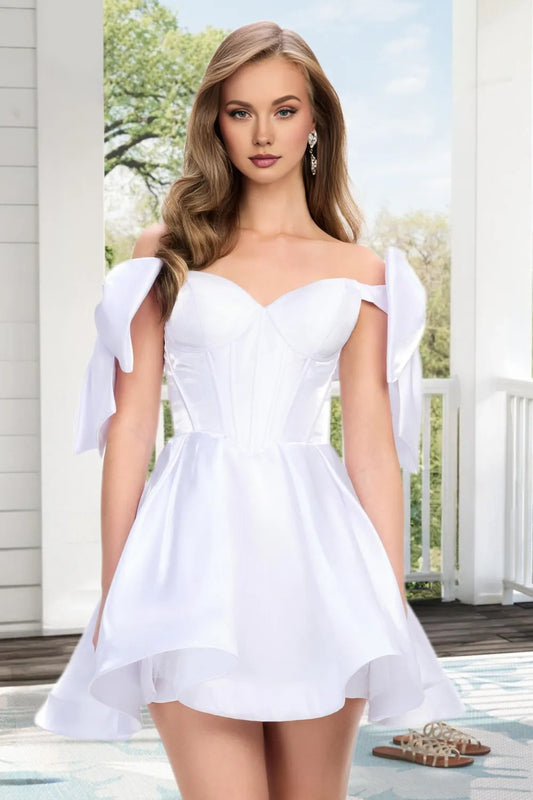 Dressime A Line Off The Shoulder Bow Corset Satin Mini Homecoming Dress
