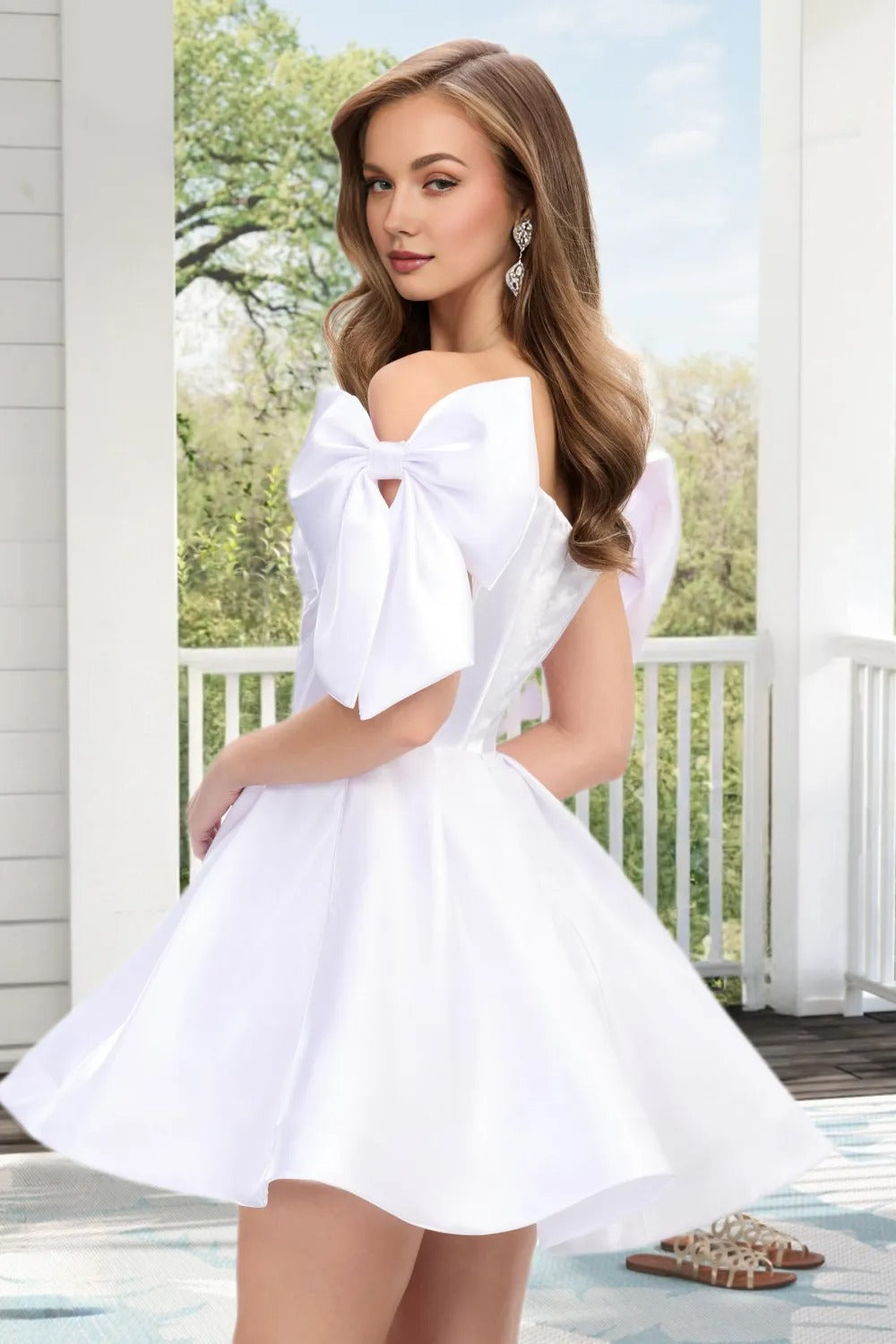 Dressime A Line Off The Shoulder Bow Corset Satin Mini Homecoming Dress