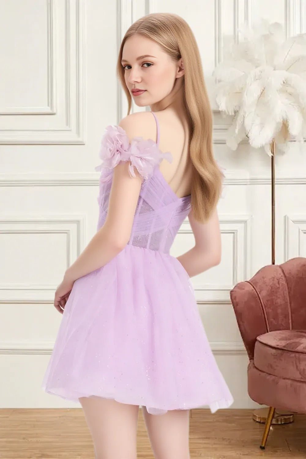 Dressime A Line Off The Shoulder Corset Tulle Mini Homecoming Dress