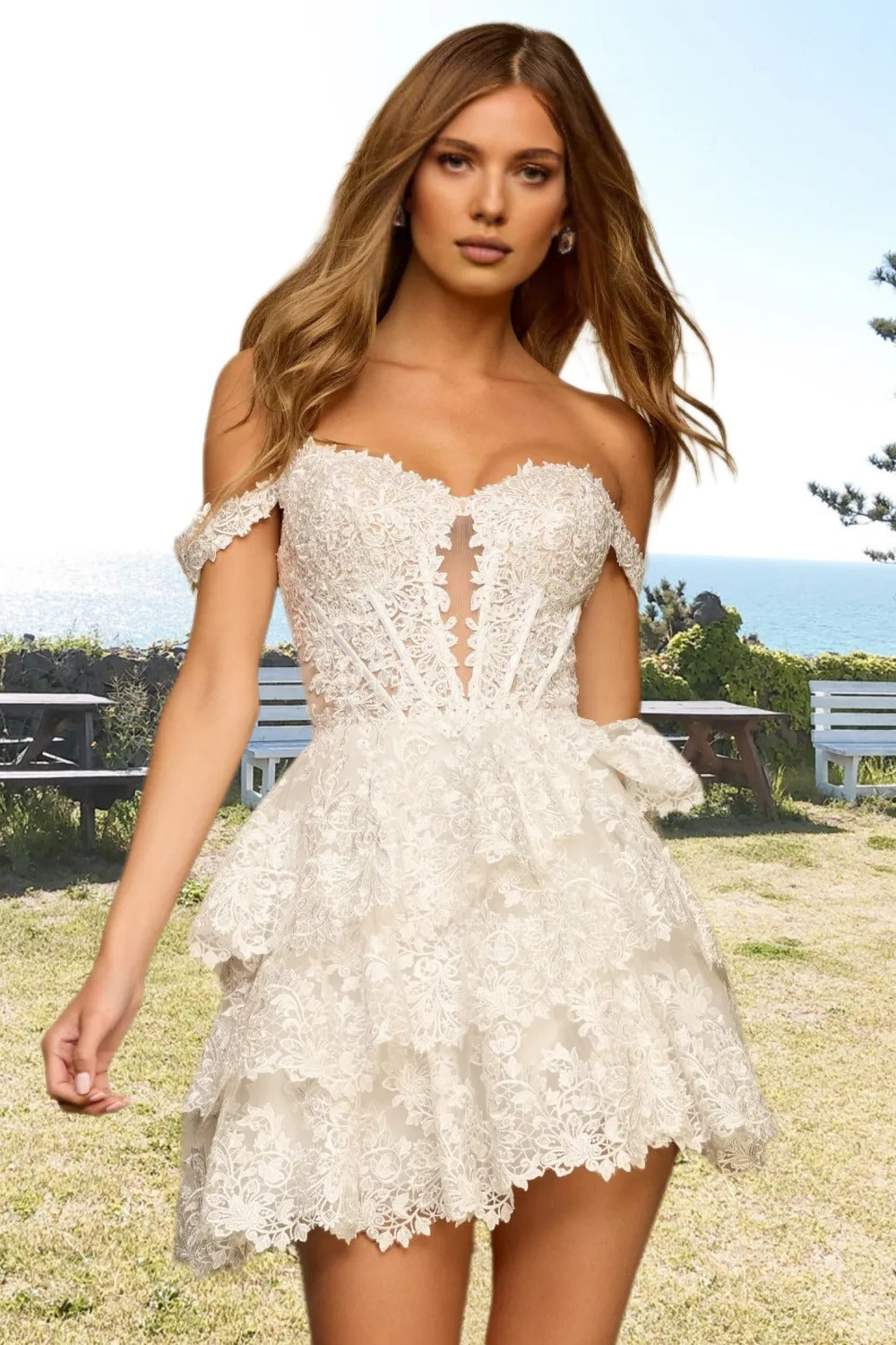 Dressime Woman's Vintage White Homecoming Dress A Line Off The Shoulder Keyhole Lace Tiered Mini Cocktail Dress dressime Dressime Woman's Vintage White Homecoming Dress A Line Off The Shoulder Keyhole Lace Tiered Mini Cocktail Dress dressime