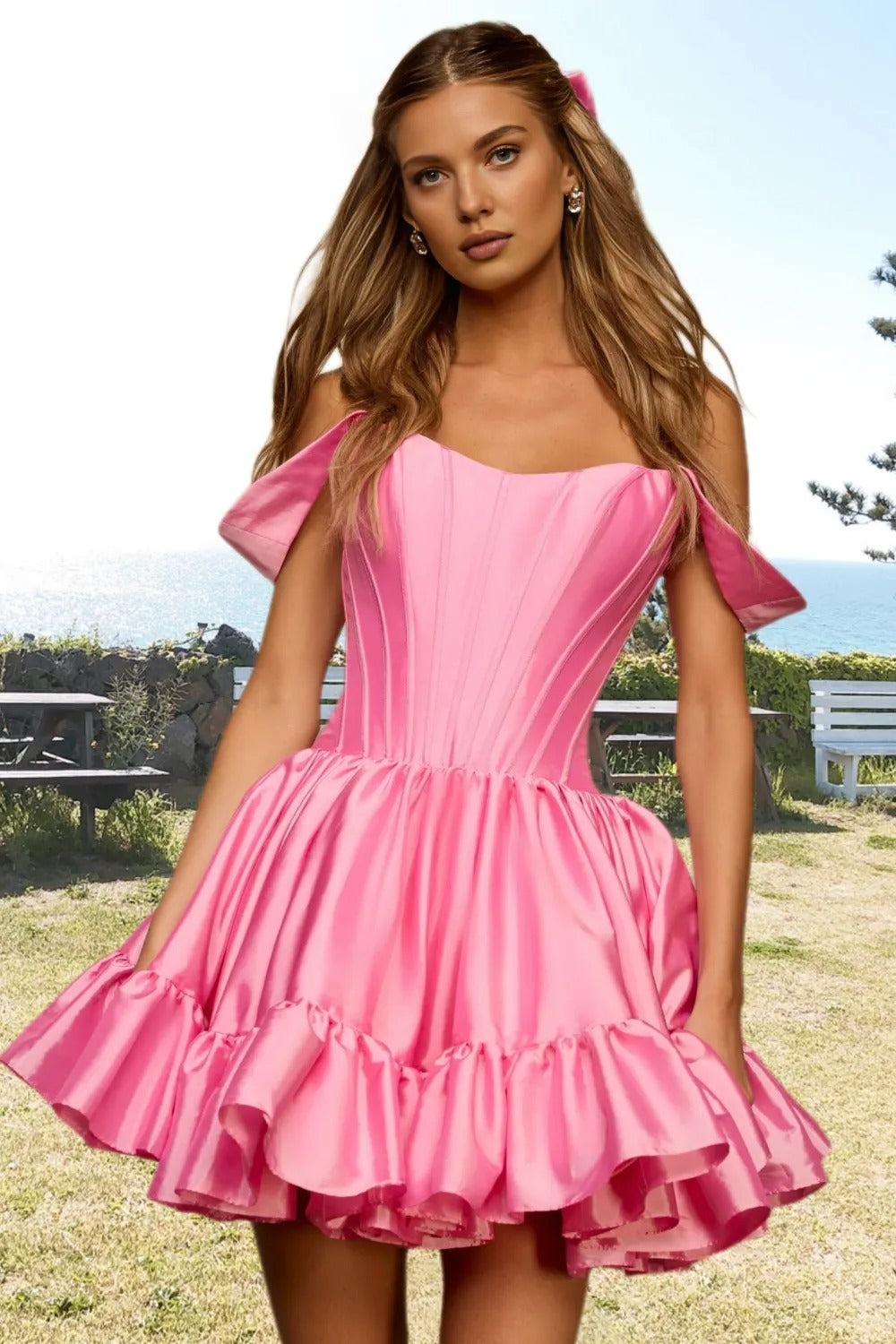 Dressime Woman's Cheap Pink Homecoming Dress A Line Off The Shoulder Satin Corset Bodice Mini Cocktail Dress dressime Dressime Woman's Cheap Pink Homecoming Dress A Line Off The Shoulder Satin Corset Bodice Mini Cocktail Dress dressime
