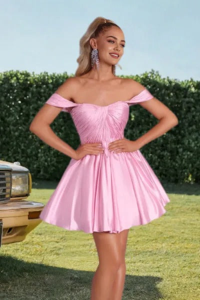 Dressime A Line Off The Shoulder Satin Corset Pleats Mini Homecoming Dress