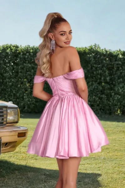 Dressime A Line Off The Shoulder Satin Corset Pleats Mini Homecoming Dress
