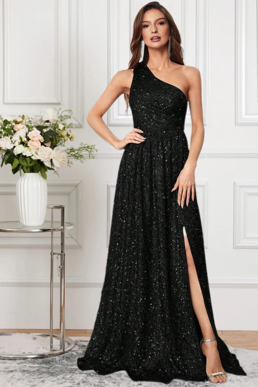 Dressime Women Sparkly Black Sequin Formal Dress A Line One Shoulder Sequin Slit Long Party Dress dressime Dressime Women Sparkly Black Sequin Formal Dress A Line One Shoulder Sequin Slit Long Party Dress dressime
