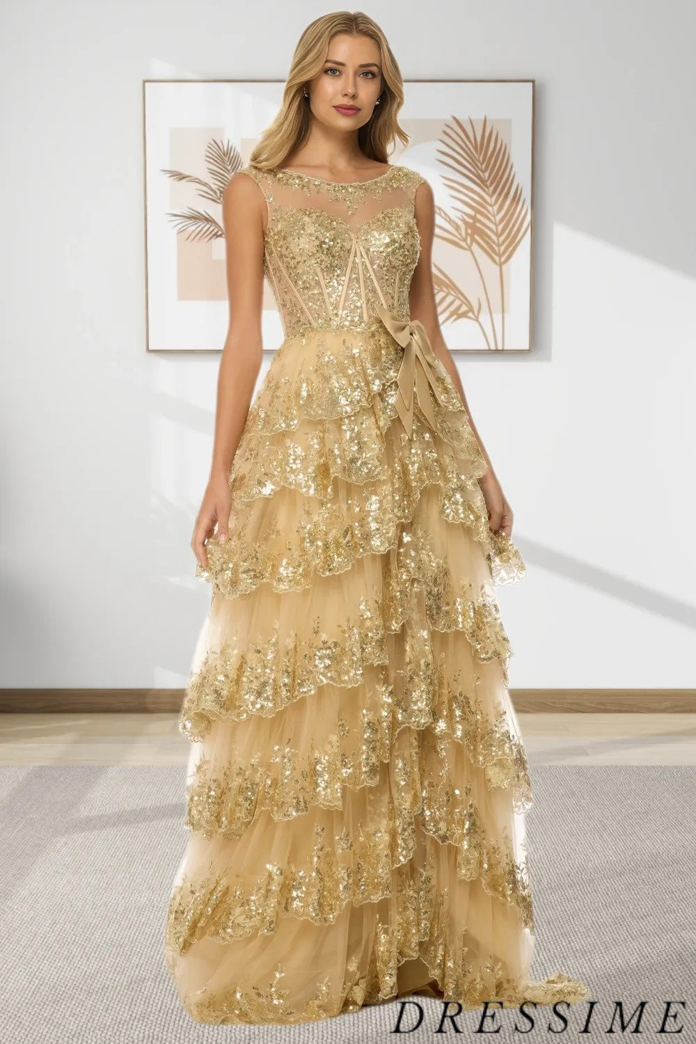 Dressime Women Sparkly Gold Prom Dress A Line Scoop Tiered Sequin Appliques Long Formal Dress With Bow dressime Dressime Women Sparkly Gold Prom Dress A Line Scoop Tiered Sequin Appliques Long Formal Dress With Bow dressime