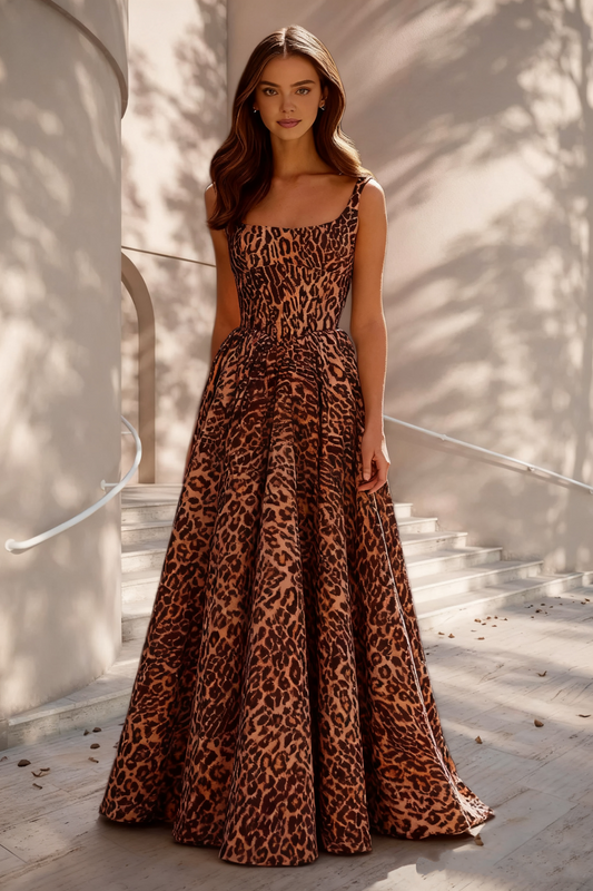 Dressime A Line Spaghetti Straps Animal Printed Long Prom Dress