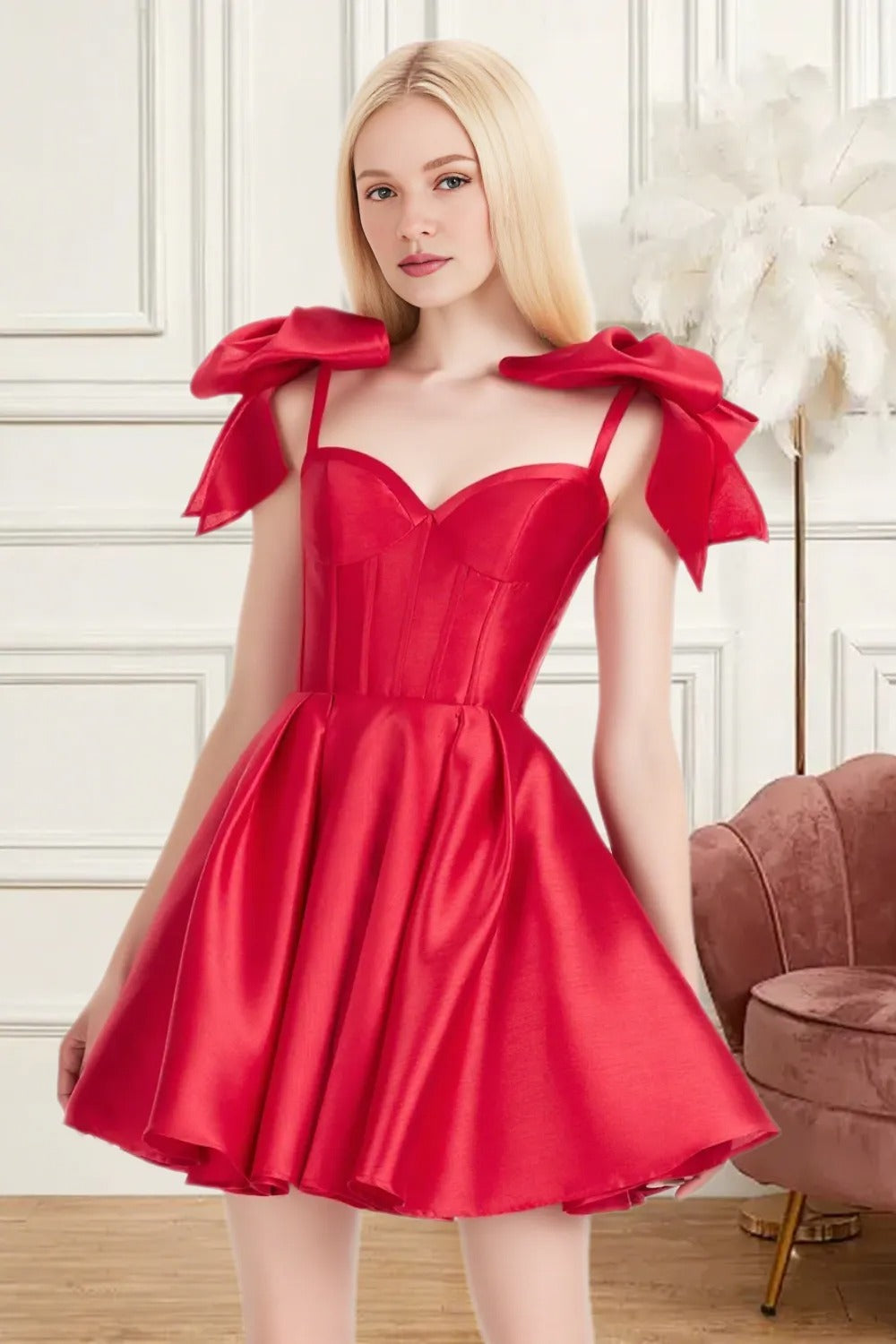 Dressime A Line Spaghetti Straps Bow Corset Satin Mini Homecoming Dress