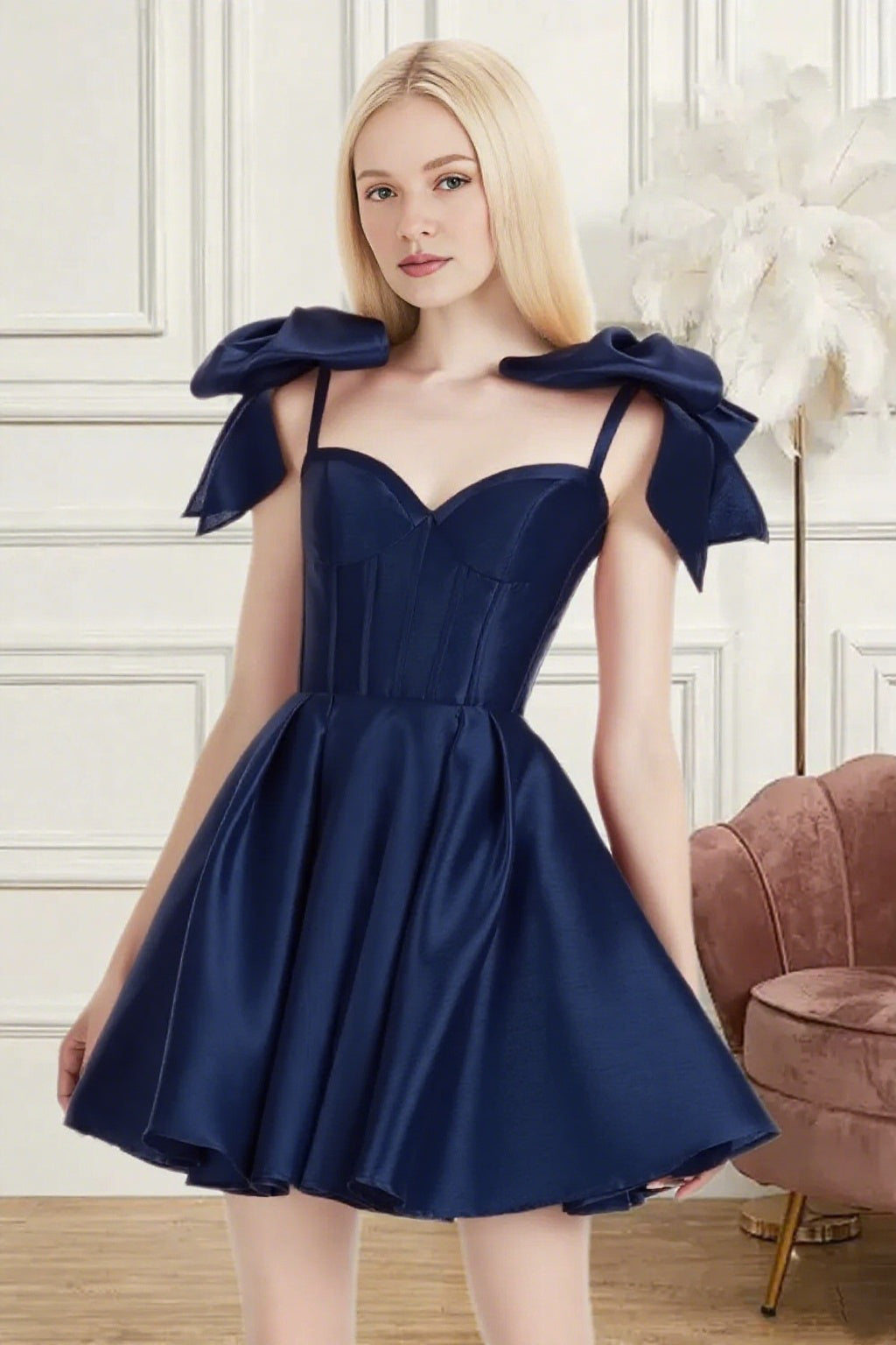 Dressime A Line Spaghetti Straps Bow Corset Satin Mini Homecoming Dress