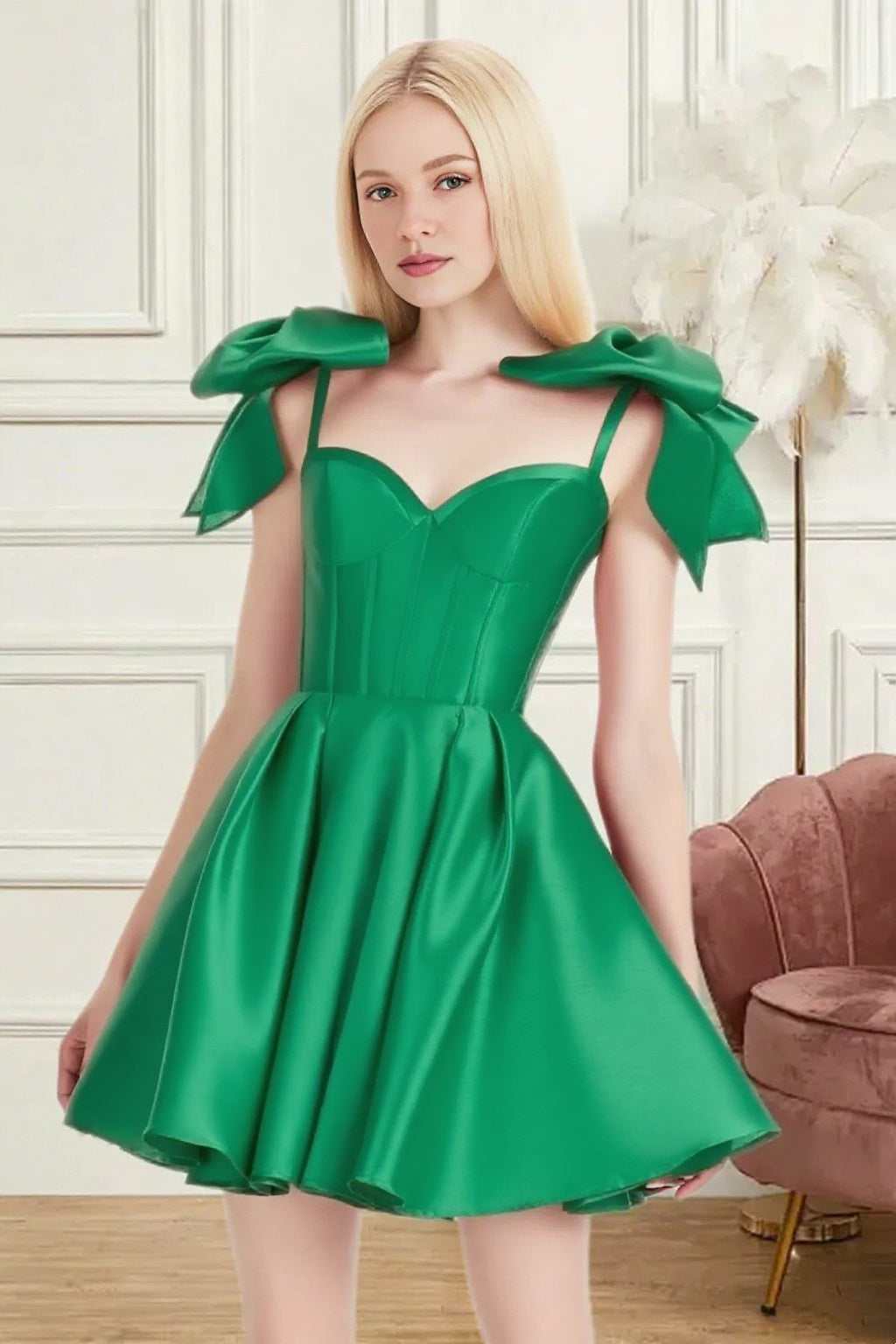 Dressime A Line Spaghetti Straps Bow Corset Satin Mini Homecoming Dress