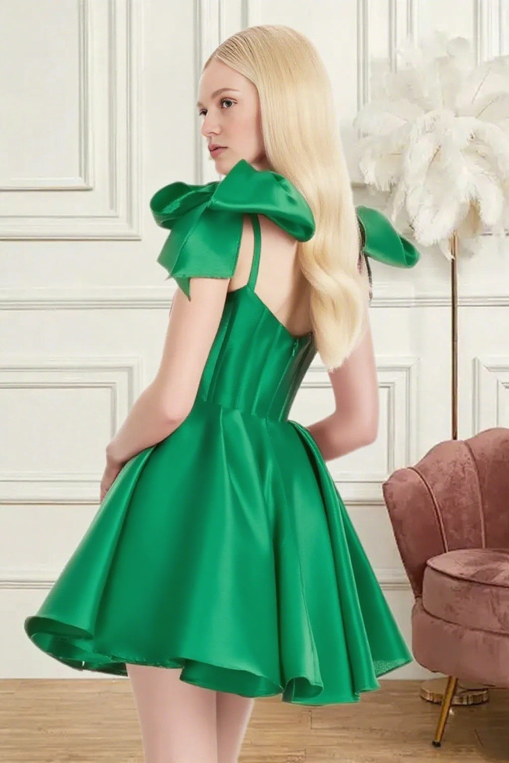 Dressime A Line Spaghetti Straps Bow Corset Satin Mini Homecoming Dress