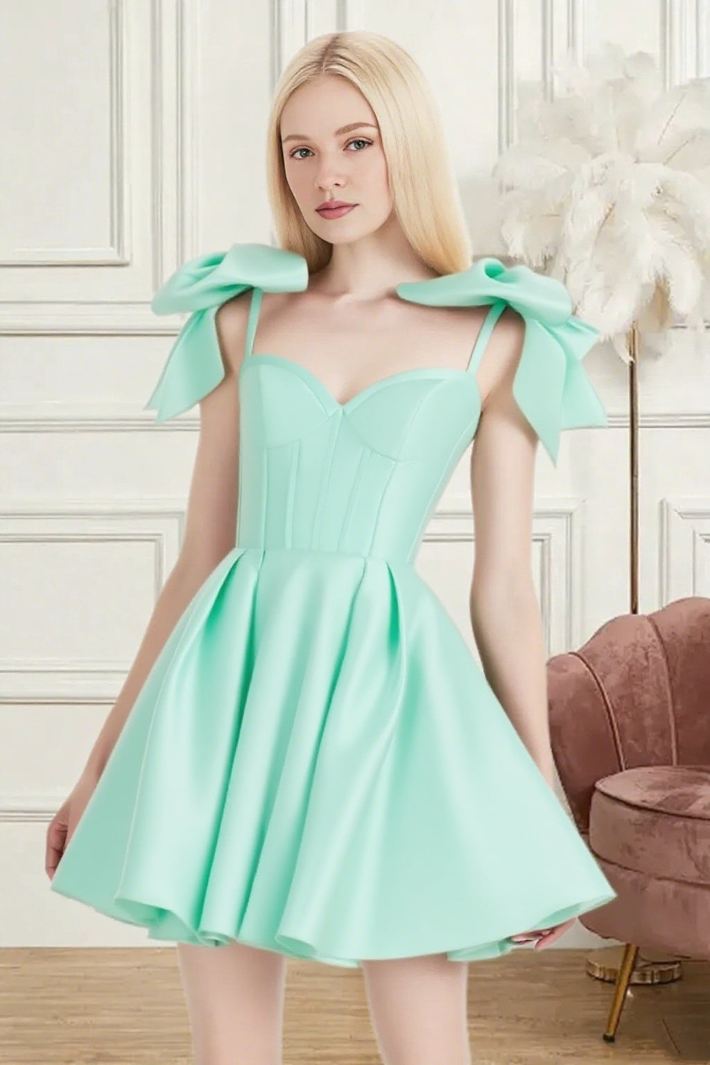 Dressime A Line Spaghetti Straps Bow Corset Satin Mini Homecoming Dress