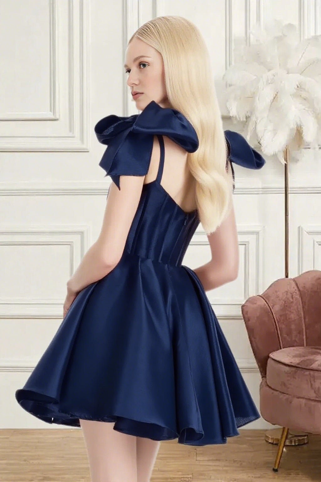 Dressime A Line Spaghetti Straps Bow Corset Satin Mini Homecoming Dress
