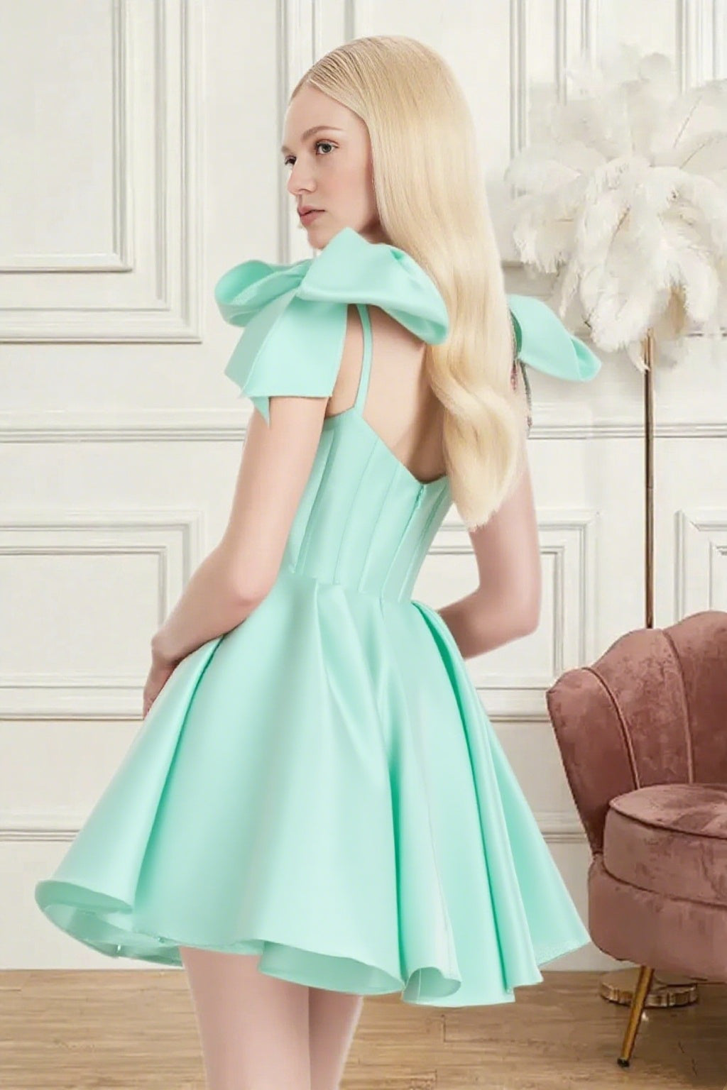 Dressime A Line Spaghetti Straps Bow Corset Satin Mini Homecoming Dress