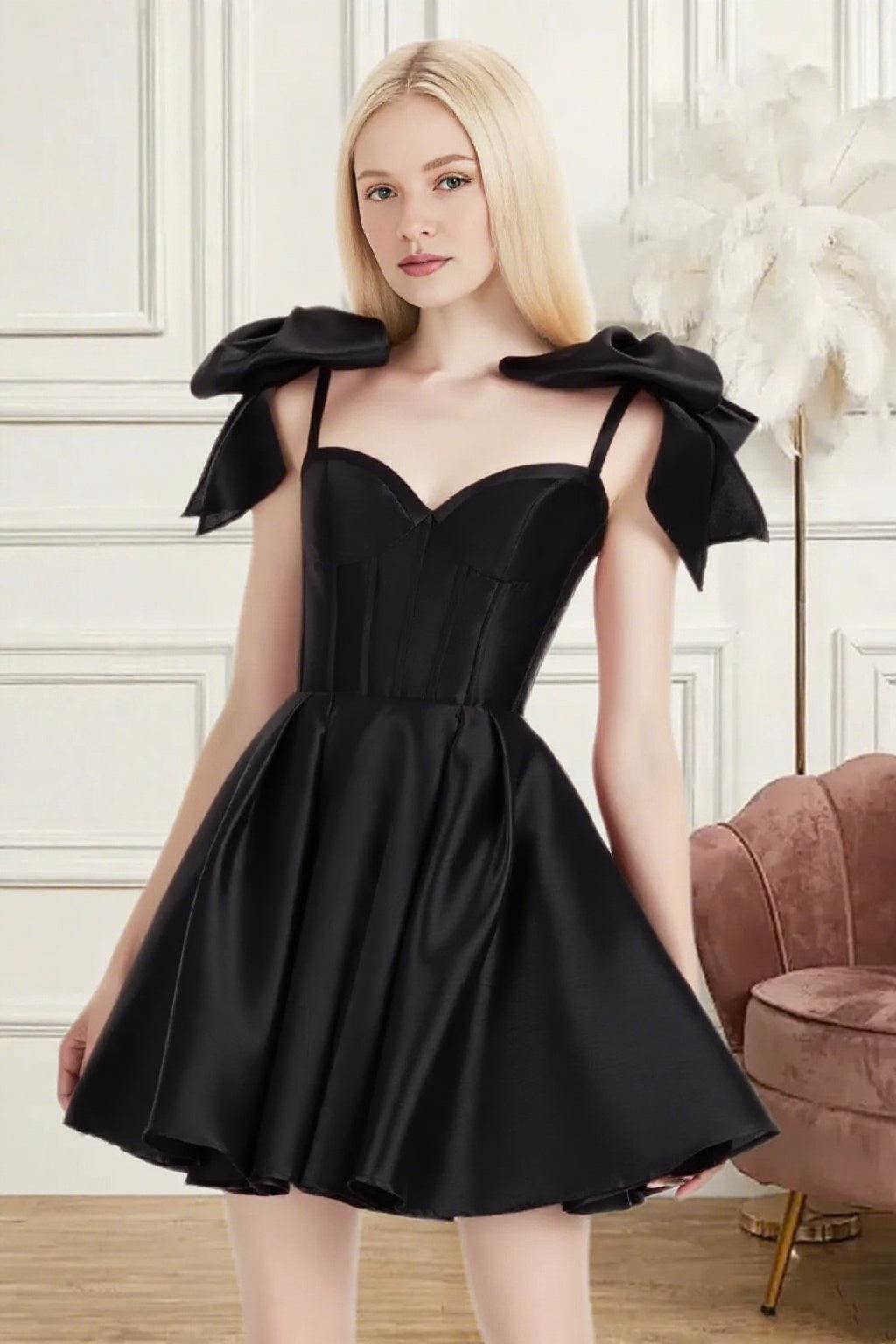 Dressime A Line Spaghetti Straps Bow Corset Satin Mini Homecoming Dress
