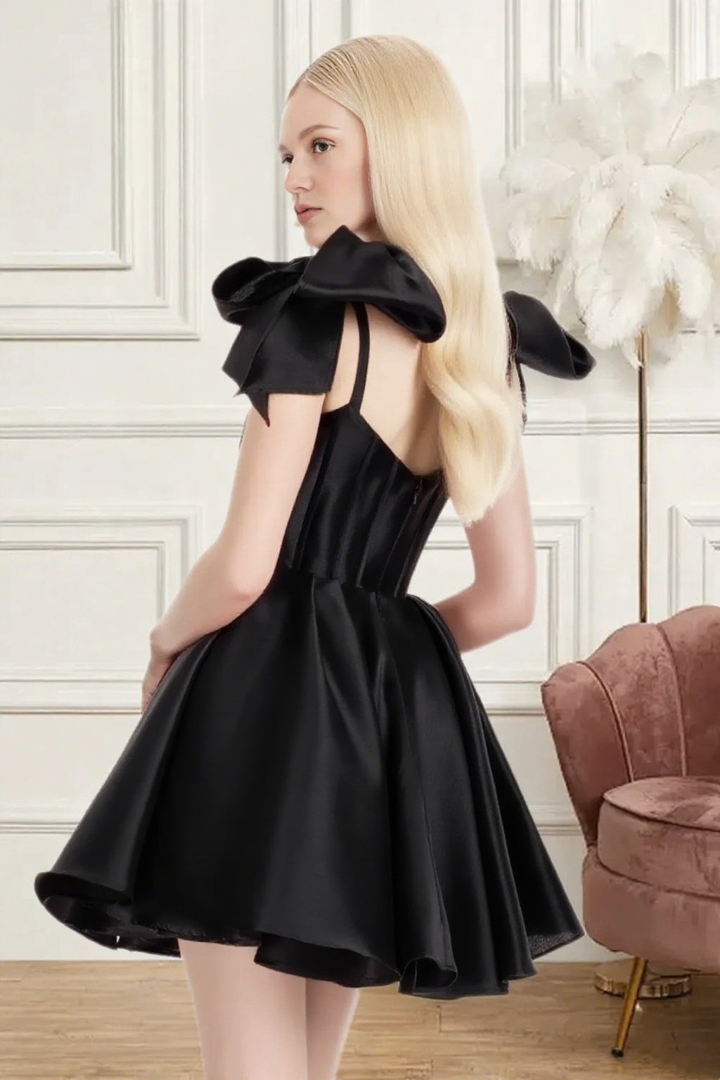 Dressime A Line Spaghetti Straps Bow Corset Satin Mini Homecoming Dress