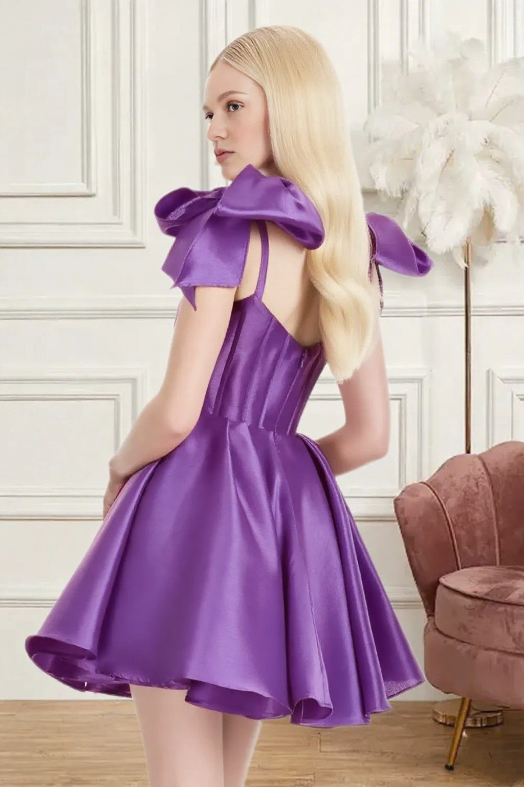 Dressime A Line Spaghetti Straps Bow Corset Satin Mini Homecoming Dress