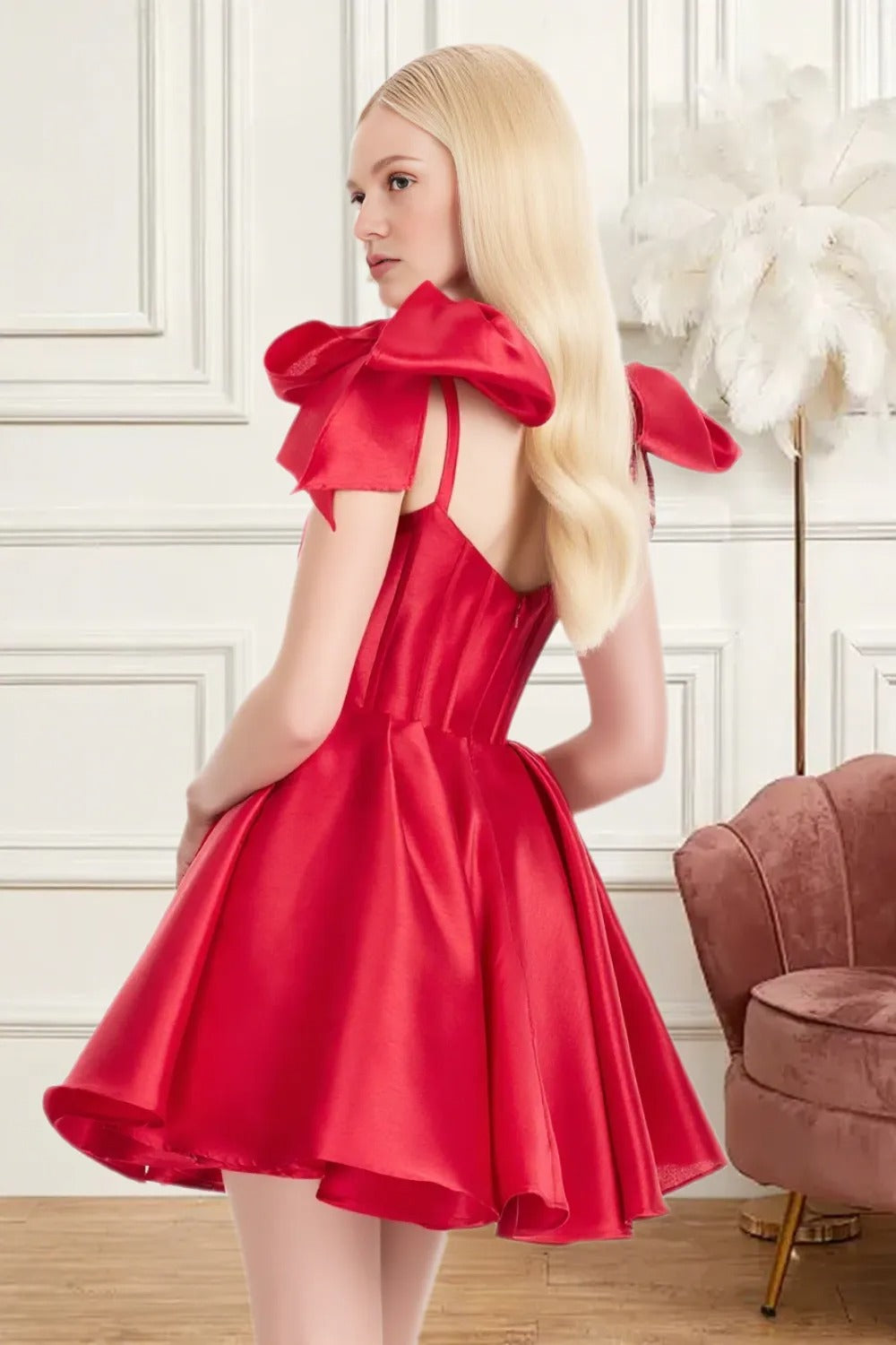 Dressime A Line Spaghetti Straps Bow Corset Satin Mini Homecoming Dress